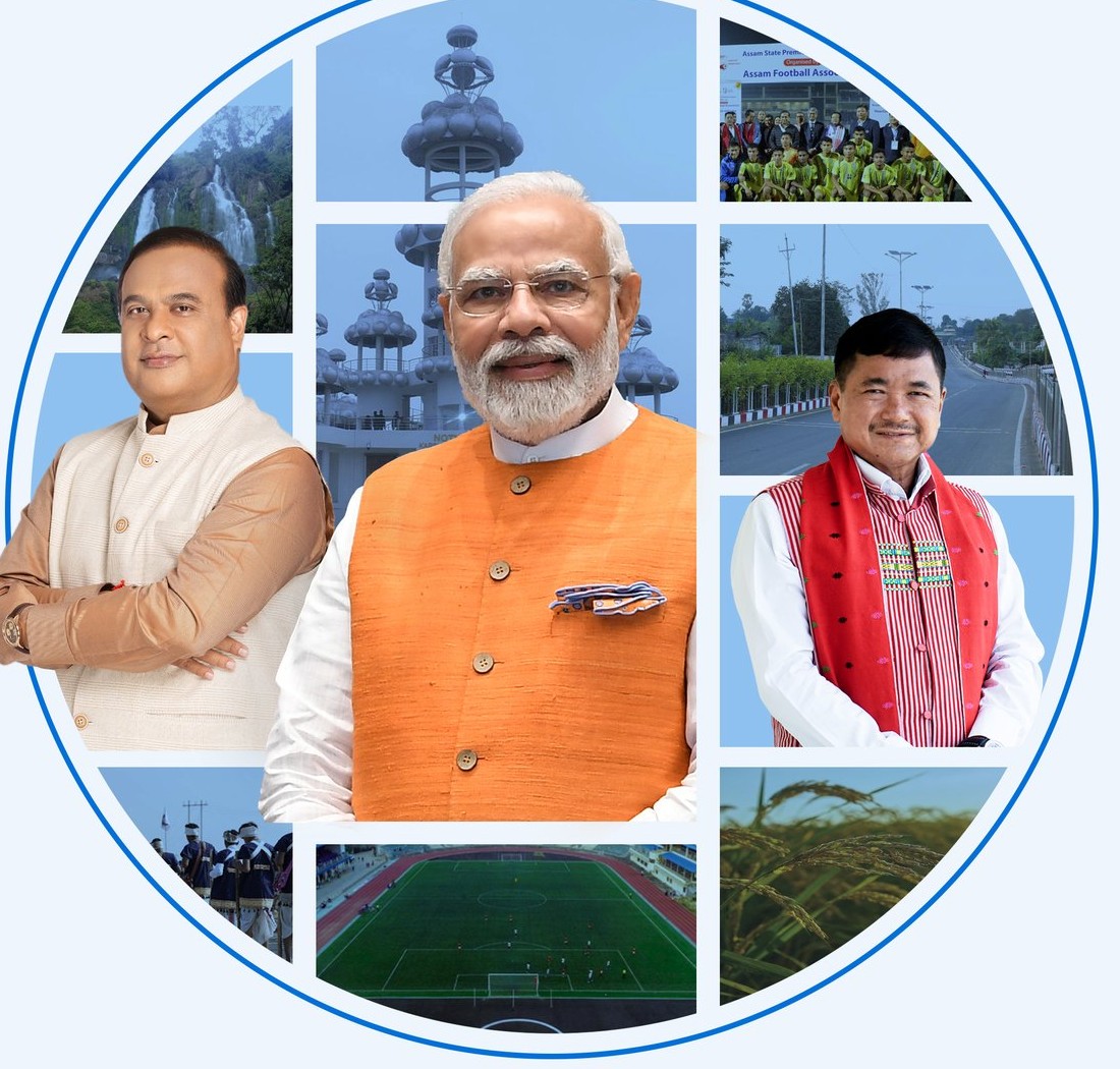 Tuliram Ronghang with Hon'ble Prime Minister Narendra Modi and Hon'ble Chief Minister Dr. Himanta Biswa Sarma on the Milestones of Progress cover