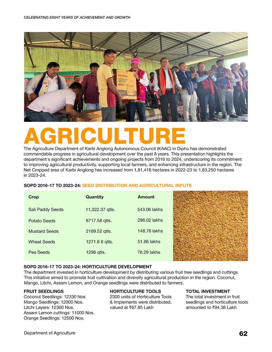 Progress booklet page showing agriculture development and seed distribution