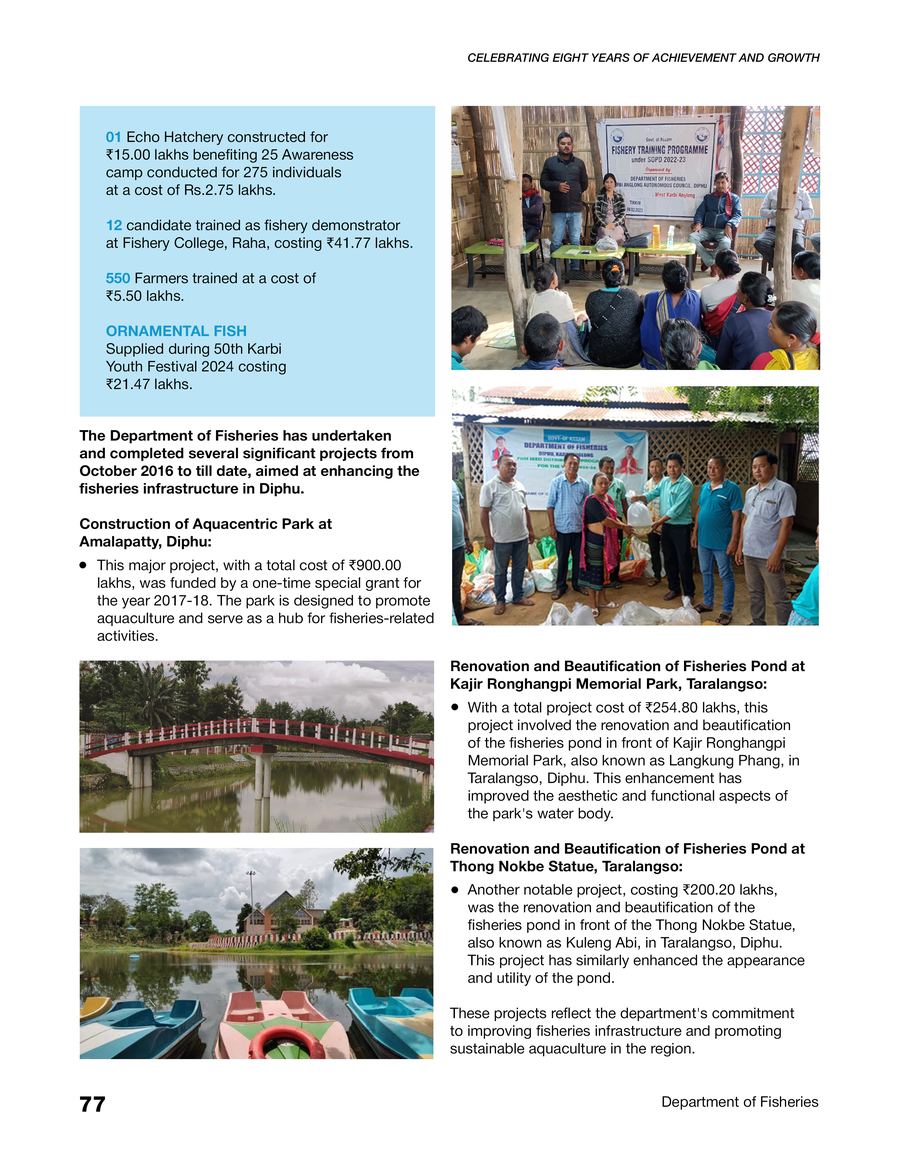Progress booklet page showing fisheries projects and community training