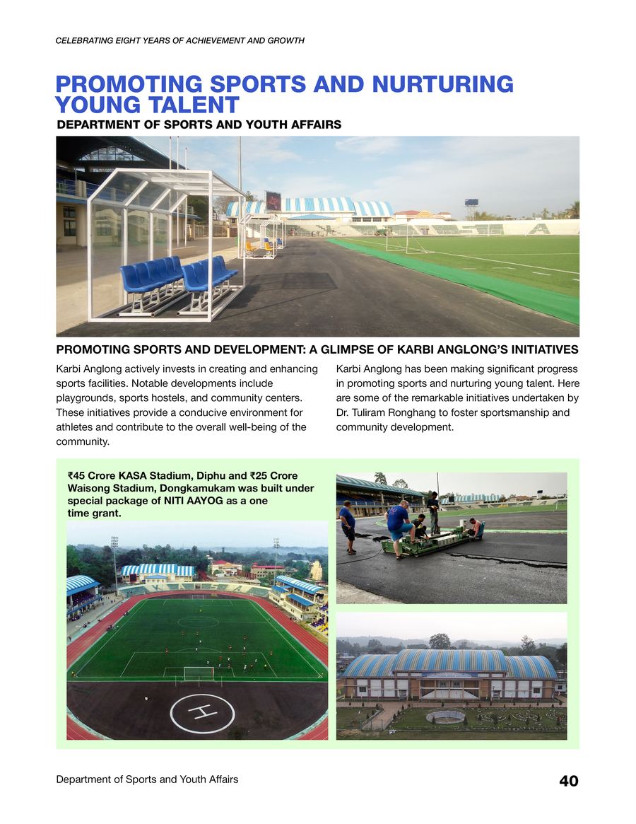 Progress booklet page showing sports and youth affairs infrastructure