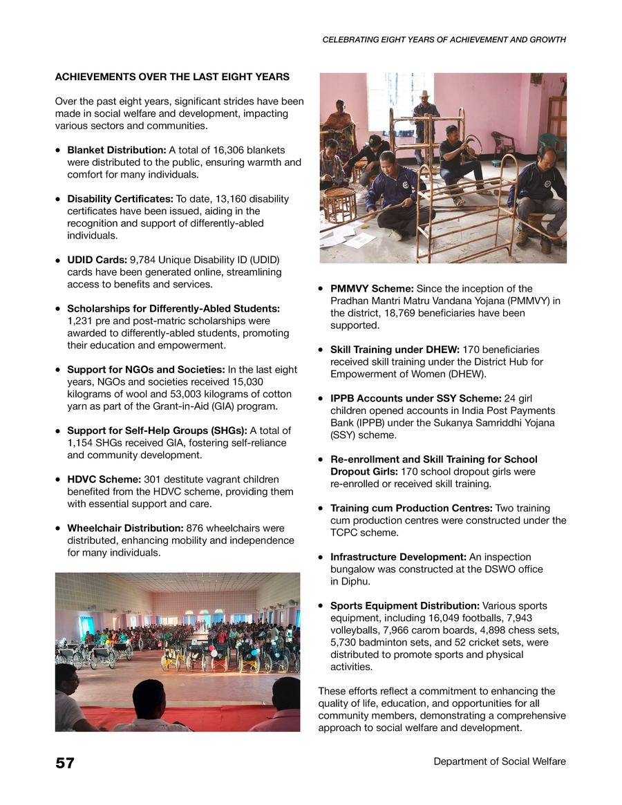 Progress booklet page showing social welfare achievements and assistive support